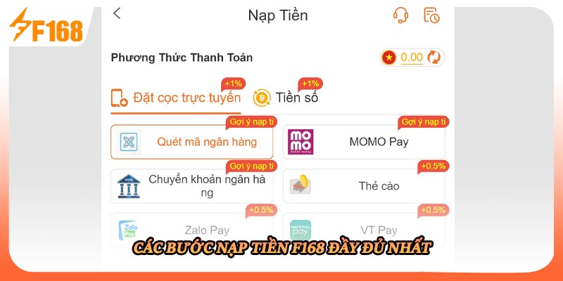 Các bước nạp tiền F168 đầy đủ nhất